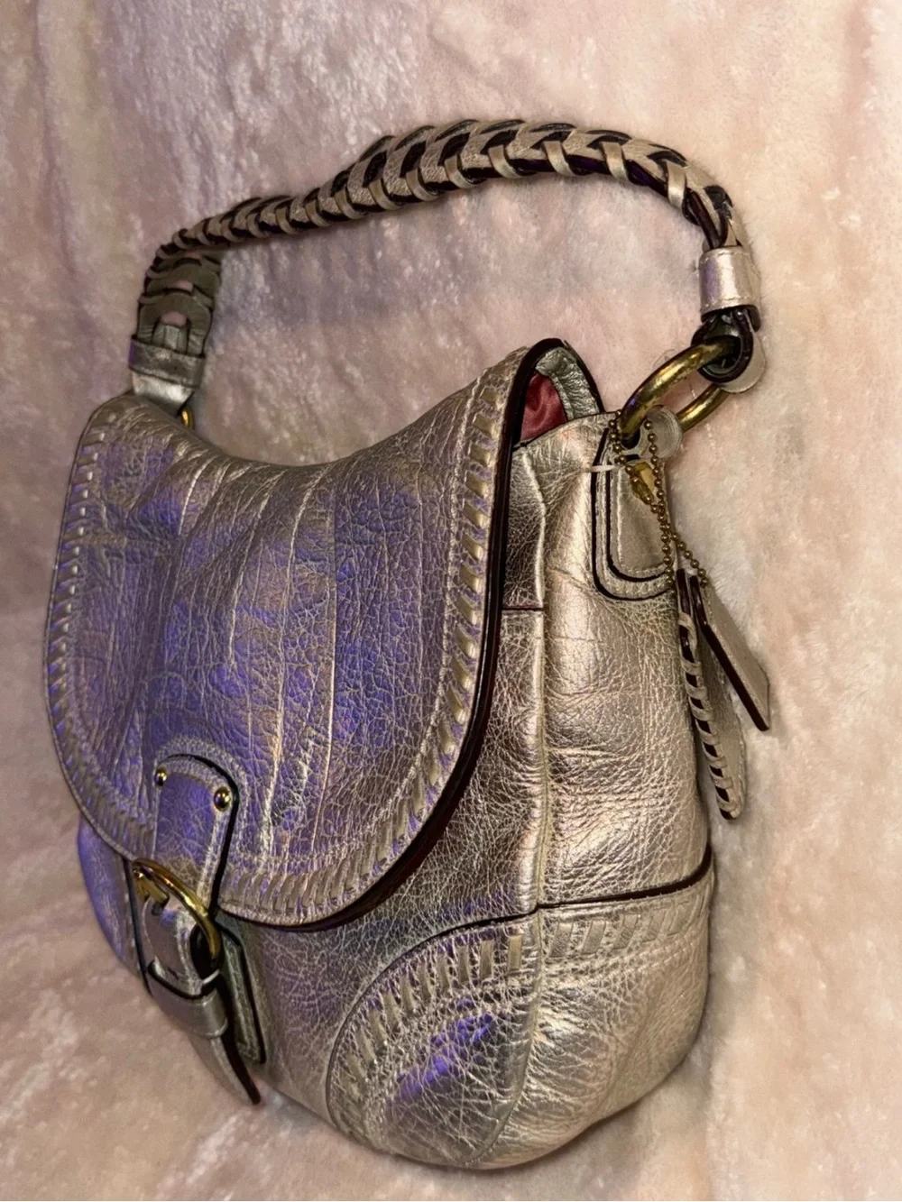 Rare Y2K Coach Metallic Whipstitch Leather Shoulder Bag Platinum Vintage READ - Picture 4 of 11